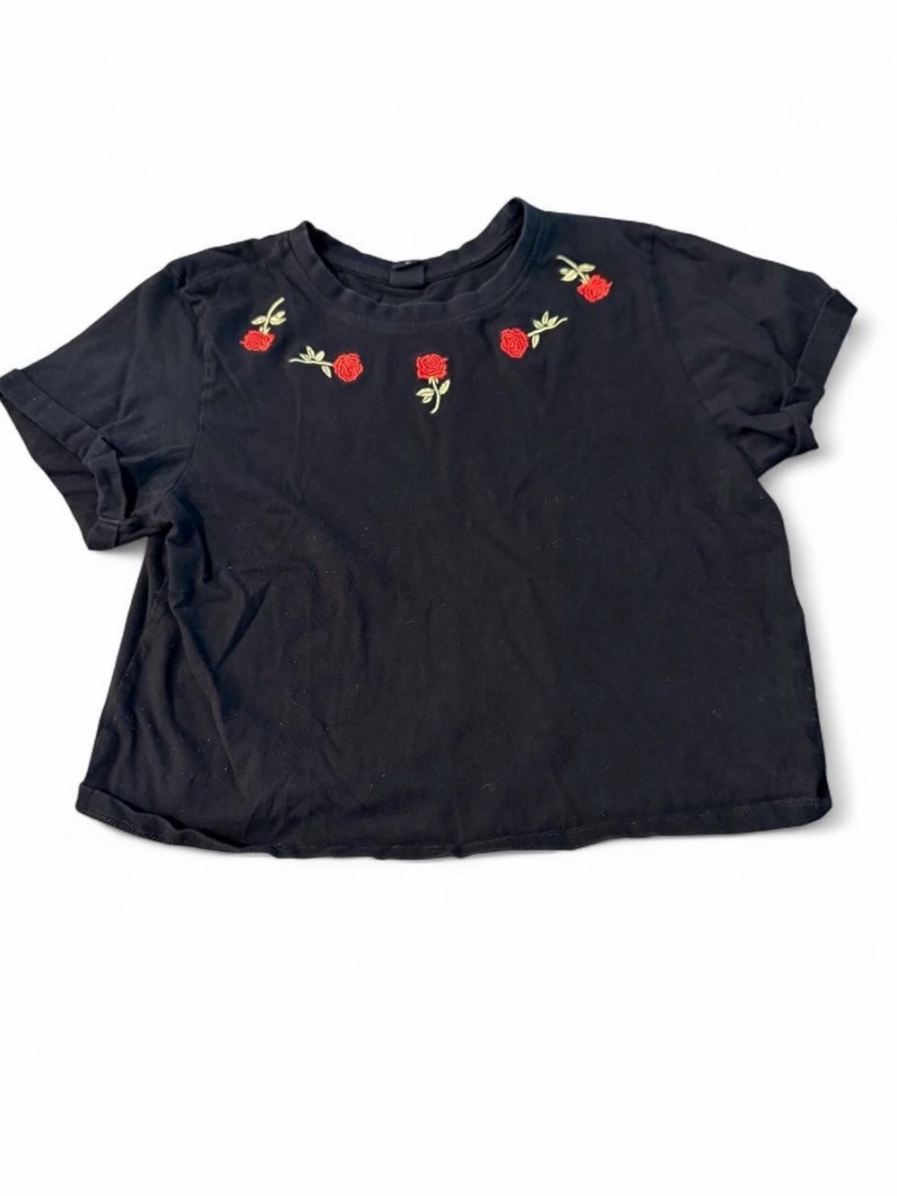 Vibe Black Tee with Red Rose Embroidery